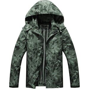 Mens Army Green Lightweight Waterproof Hooded Rain Jacket Outdoor Hiking Shell